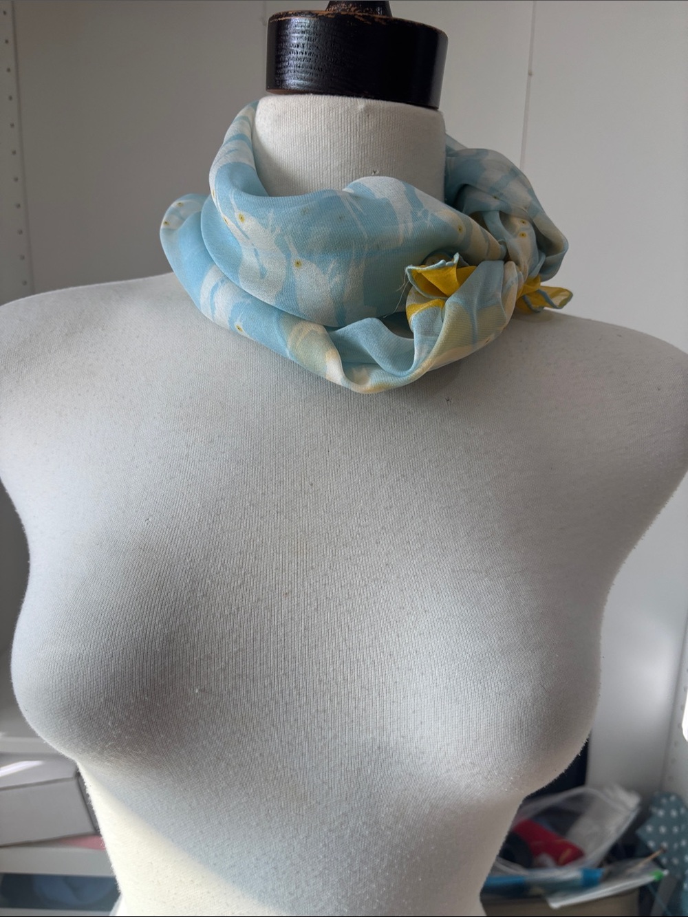 Light Blue Floral Infinity Scarf with Yellow Detail - Women's Accessory